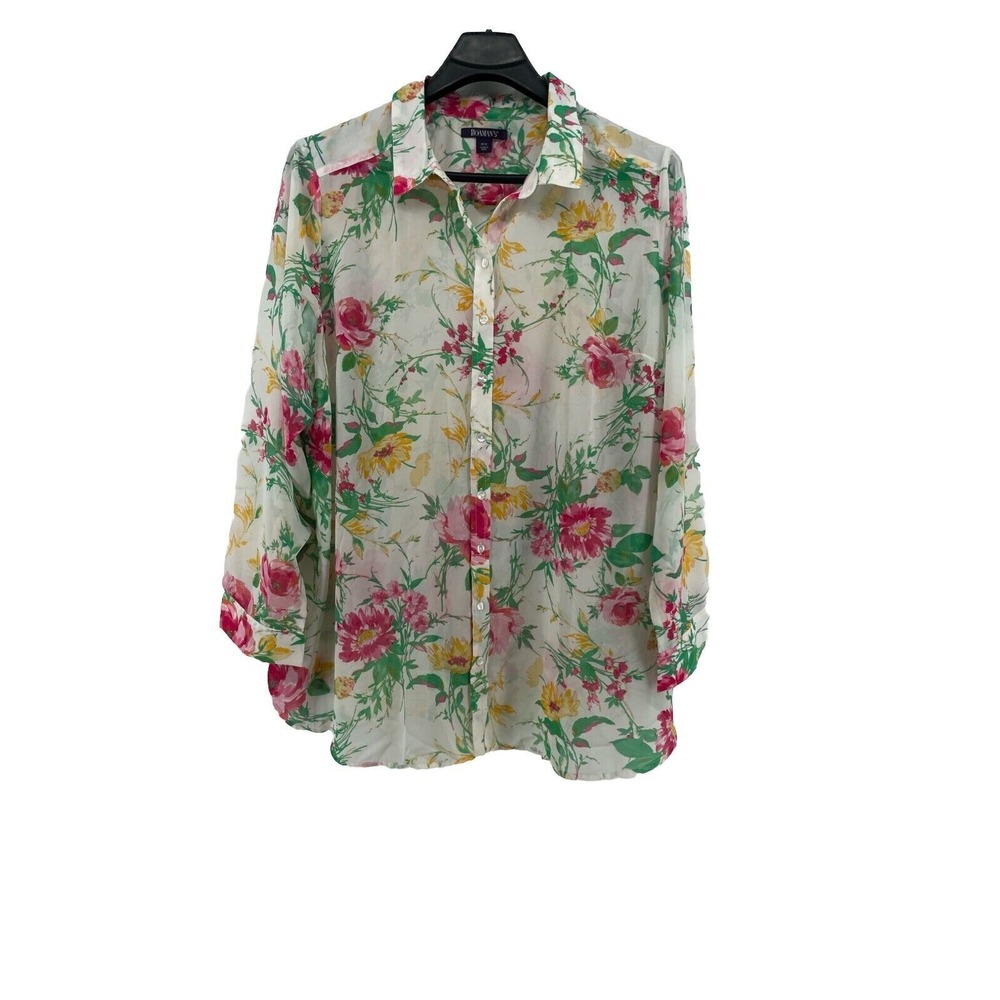 Roamans Button Up Top Women's‎ 28W Floral Sheer Spring Fairy Flowers Easter